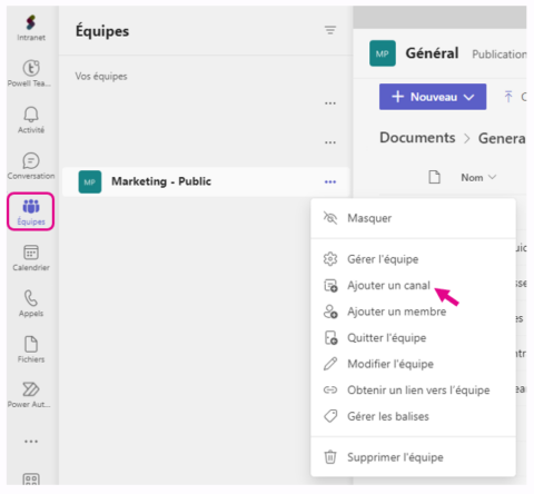 créer canal dans équipe Teams